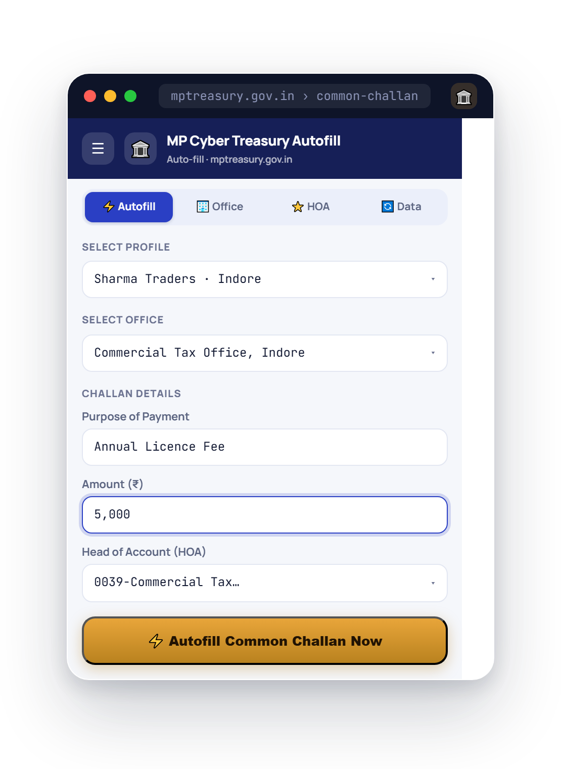 The extension popup filling a Common Challan on mptreasury.gov.in